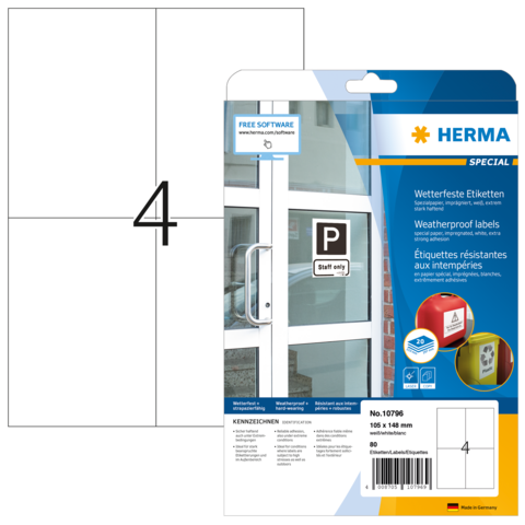 Wetterfeste Etiketten von Herma, Packung mit 80 Stück, Größe 106 x 148 mm, geeignet für Außenanwendungen.