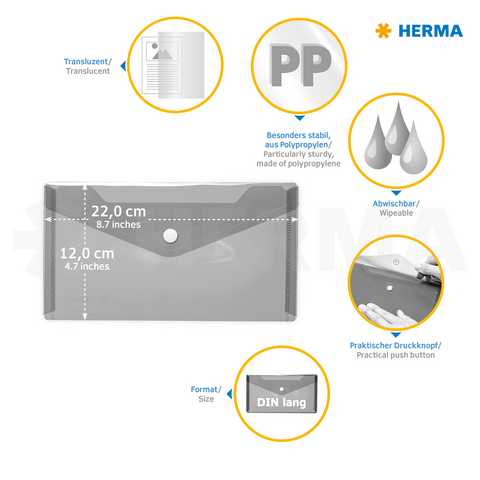 Chemise en polypropylène transparent et stable avec bouton-pression, format DIN long, lavable, dimensions 22 cm x 12 cm.