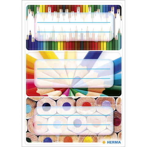 Bunte Etiketten mit Platz für Beschriftungen, umgeben von verschiedenen Farb- und Bleistiftmotiven.