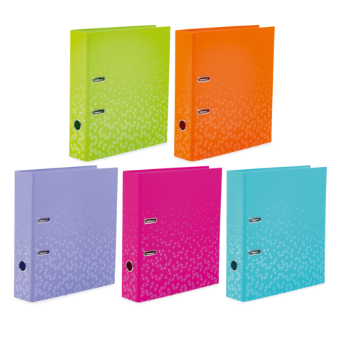 Cinq classeurs colorés dans différentes teintes : vert, orange, violet, rose et turquoise, avec un design structuré et deux clips en métal.