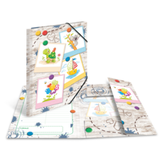 Ein Ordner mit bunten Tierillustrationen und einem Notizblock, dekoriert mit bunten Magneten und einem verspielten Design.