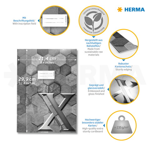 Carton de haute qualité avec un design hexagonal, un champ d'écriture et un bord solide. Contient des informations sur le matériau et le traitement.