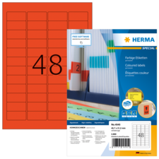 Rote Etiketten auf einem Bogen mit der Nummer 48, verpackt von Herma, mit Informationen zu farbigen Etiketten und Anwendungshinweisen.