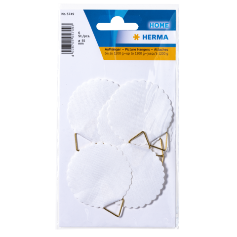 Weißer Aufhänger für Bilder, 5 Stück, mit goldenen Clips, geeignet für bis zu 1200 g. Verpackung zeigt Produktdetails.