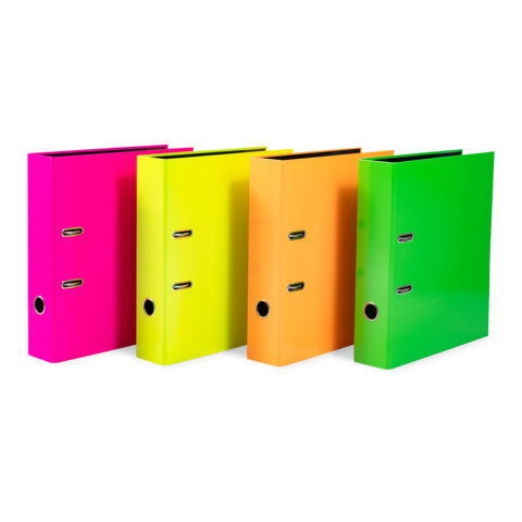 Quatre classeurs colorés en rose, jaune, orange et vert, debout, avec deux trous à l'avant.