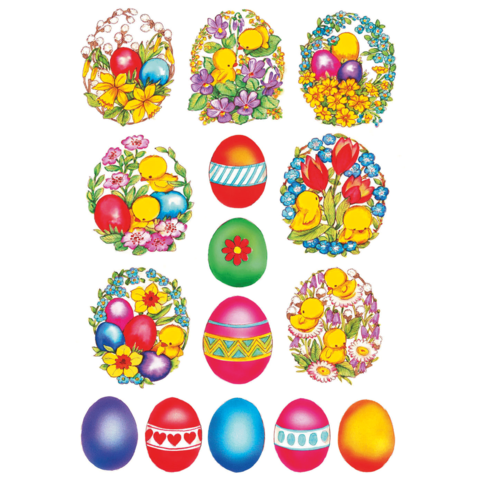 Bunte Ostereier, Küken und Frühlingsblumen in verschiedenen Arrangements, ideal für Ostern.