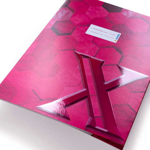 Rosa Heft mit hexagonalem Muster und einem großen, glänzenden "X" auf der Vorderseite. Ein Aufkleber ist oben rechts angebracht.