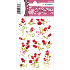 Ein Bogen mit Aufklebern, der verschiedene rote Rosen und dekorative Elemente zeigt, ideal für Bastelprojekte oder Geschenke.