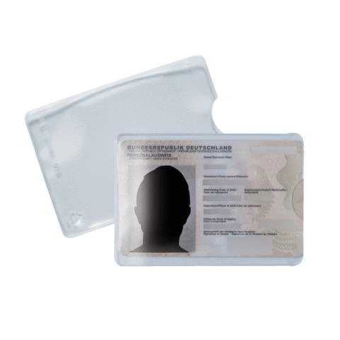 Ein deutscher Personalausweis mit einem unsichtbaren Porträt und Sicherheitsmerkmalen, auf einem neutralen Hintergrund.