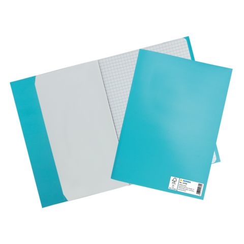 Zwei türkisfarbene Ordner, einer mit kariertem Papier und einer ohne Inhalt, auf einem neutralen Hintergrund.