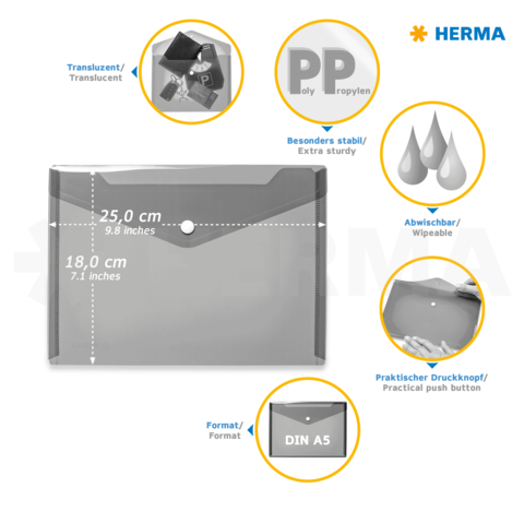 Transparente A5-Mappe aus Polypropylen, abwischbar, mit praktischem Druckknopf und stabiler Konstruktion. Maße: 25 cm x 18 cm.