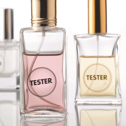 Drei Parfümflaschen mit dem Aufdruck "TESTER", eine mit rosa Flüssigkeit und zwei mit klarer und gelber Flüssigkeit.