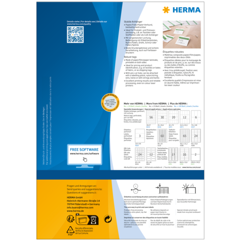 HERMA Produktinformation mit QR-Code, Software-Hinweis und Details zu Etikettenformaten und Anwendungen.