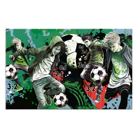 Drei Jugendliche spielen Fußball, während sie verschiedene Spielstände anzeigen: 0:1, 2:1, 3:2. Bunte grafische Elemente im Hintergrund.