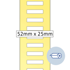 Maßstab mit den Abmessungen 52 mm x 25 mm, auf gelbem Hintergrund mit mehreren horizontalen Linien.