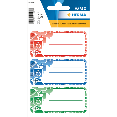 Drei Etiketten in Rot, Blau und Grün mit Platz für Beschriftungen, verpackt in einer transparenten Hülle.