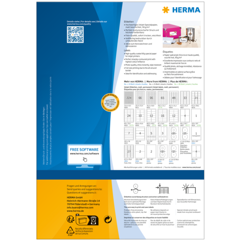 Produktinformation von HERMA, einschließlich QR-Code, Softwarehinweis und Anleitungen zur Verwendung von Etiketten.