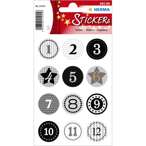 Aufkleberbogen mit nummerierten Stickern in verschiedenen Designs, einschließlich Sterne und Punkte, in Schwarz, Weiß und Grau.