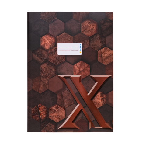 Ein braunes Heft mit einer strukturierten hexagonalen Oberfläche und einer großen, hervorgehobenen Zahl "X" in der Mitte.