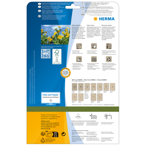 Rückseite einer Verpackung mit Informationen zu HERMA Produkten, einschließlich Anleitungen, Symbolen und einem Hinweis auf kostenlose Software.
