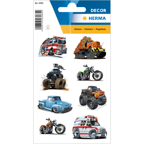 Aufkleber mit verschiedenen Fahrzeugen, darunter ein Feuerwehrwagen, ein Traktor, ein Motorrad, ein Oldtimer und ein Krankenwagen.