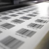 Étiquettes à code-barres HERMA avec numéros consécutifs, rouleau d'étiquettes dans la machine d'impression numérique.
