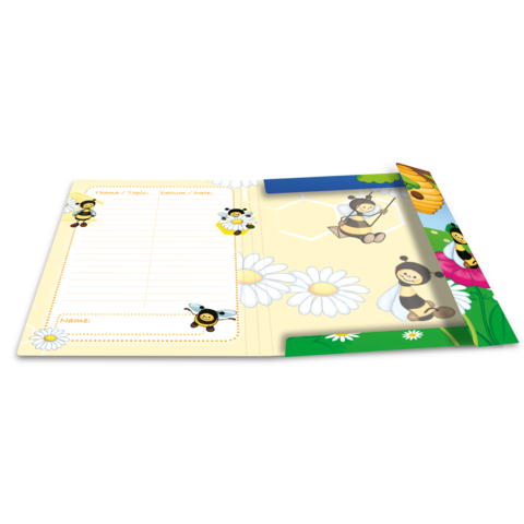 Ein offenes Notizbuch mit bunten Bienenmotiven, Blumen und Platz für Notizen. Die Seiten sind hell und kinderfreundlich gestaltet.