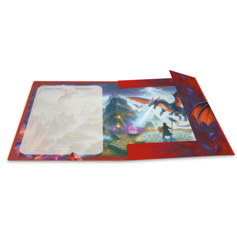 Un carnet ouvert avec un paysage fantastique, un dragon et un voyageur. La page de gauche est vide pour des notes.