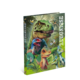 Un carnet coloré avec des dinosaures sur la couverture, dont un Tyrannosaure Rex et différentes autres espèces de dinosaures dans un environnement verdoyant.