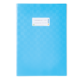 Blaues Notizbuch mit einem weißen Etikett auf der Vorderseite, das Platz für einen Namen und eine Adresse bietet.