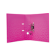 Ein pinker Ordner mit einem geometrischen Muster, der geöffnet ist und einen Mechanismus zum Einheften von Dokumenten zeigt.