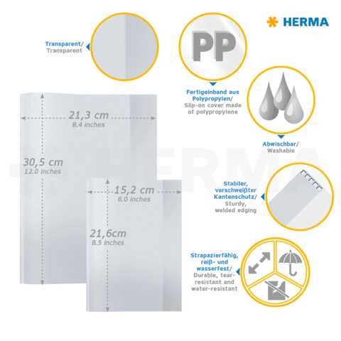 Transparente Polypropylen-Hülle mit abwischbarer Oberfläche, stabilen Kanten und verschiedenen Größenangaben. Ideal für Dokumentenschutz.