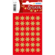 Rote Stickerkarte mit goldenen Sternen in verschiedenen Größen, geeignet für Dekorationszwecke.