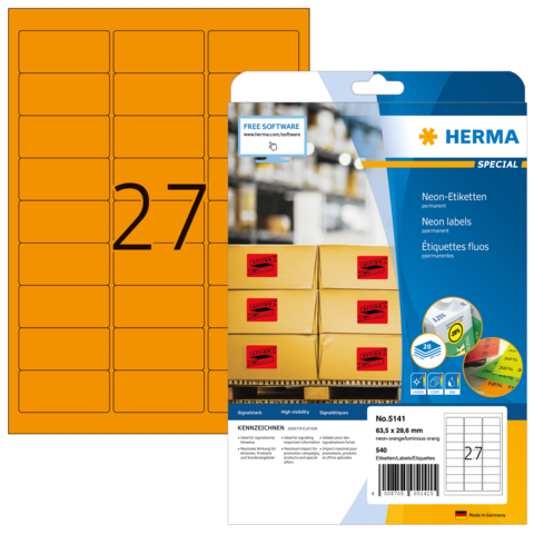 Neon-Etiketten auf einem Bogen, verpackt in einer transparenten Hülle. Enthält die Nummer 27 und Hinweise zur Verwendung.