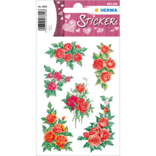 Bunte Aufkleber mit verschiedenen Rosendesigns in Rot, Pink und Grün, umgeben von Blättern. Ideal für Dekorationen und Bastelprojekte.