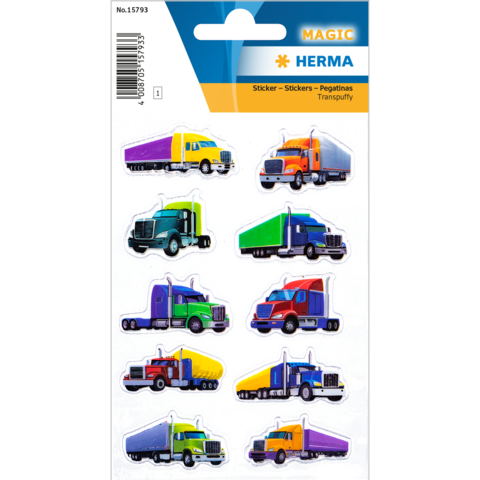 Autocollants colorés de camions dans différentes couleurs et designs, disposés sur un fond blanc.