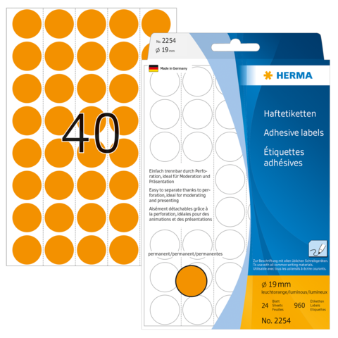 Orangene Haftetiketten auf einem Bogen, 19 mm Durchmesser, 960 Stück, verpackt in einer blauen Herma-Hülle.
