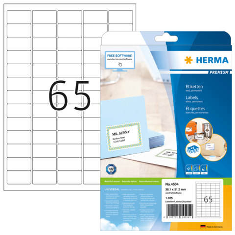 Etikettenblatt mit 65 Etiketten, verpackt in einer transparenten Hülle. Auf der Rückseite sind Beispiele für die Verwendung abgebildet.
