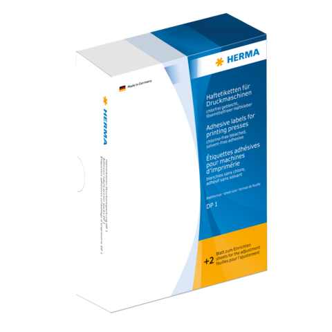 Hafteetiketten für Druckmaschinen in einer Verpackung von HERMA, mit Informationen zur Verwendung und Spezifikationen.