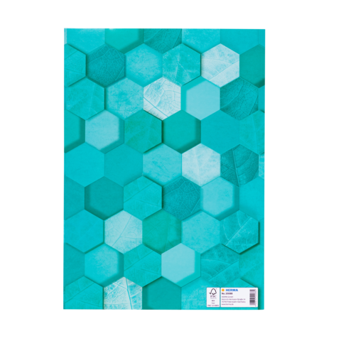 Türkisfarbener Hintergrund mit hexagonalen Mustern in verschiedenen Schattierungen. Ein Etikett in der unteren Ecke zeigt Produktinformationen.