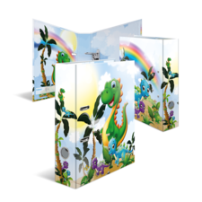 Bunte Kindertür mit Dinosaurier- und Pflanzenmotiven, umgeben von einem Regenbogen und einer sonnigen Landschaft.