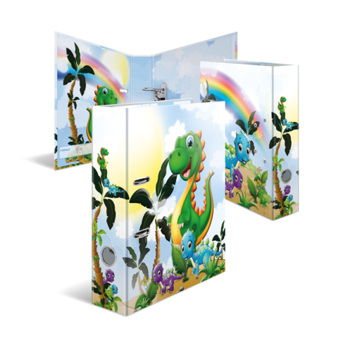 Bunte Kindertür mit Dinosaurier- und Pflanzenmotiven, umgeben von einem Regenbogen und einer sonnigen Landschaft.