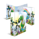 Bunte Kindertür mit Dinosaurier- und Pflanzenmotiven, umgeben von einem Regenbogen und einer sonnigen Landschaft.