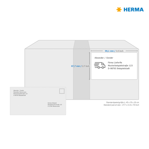 Versandkarton mit Absender- und Empfängerinformationen, einschließlich Abmessungen und Beispieladresse. Enthält auch eine Postkarte.