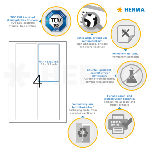 Description de l'étiquette avec détails techniques : dimensions 78,7 x 139,7 mm, adhésif permanent, sans chlore, compatible avec les imprimantes laser et à jet d'encre.