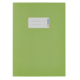 Grünes Heft mit einem weißen Etikett oben, das Platz für Beschriftungen bietet.