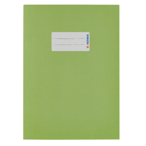Grünes Heft mit einem weißen Etikett oben, das Platz für Beschriftungen bietet.