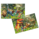 Dinosaurier in einer üppigen, grünen Umgebung, darunter verschiedene Arten wie Tyrannosaurus und Brachiosaurus, umgeben von Pflanzen und Insekten.