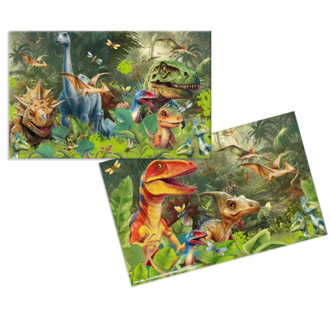 Dinosaurier in einer üppigen, grünen Umgebung, darunter verschiedene Arten wie Tyrannosaurus und Brachiosaurus, umgeben von Pflanzen und Insekten.
