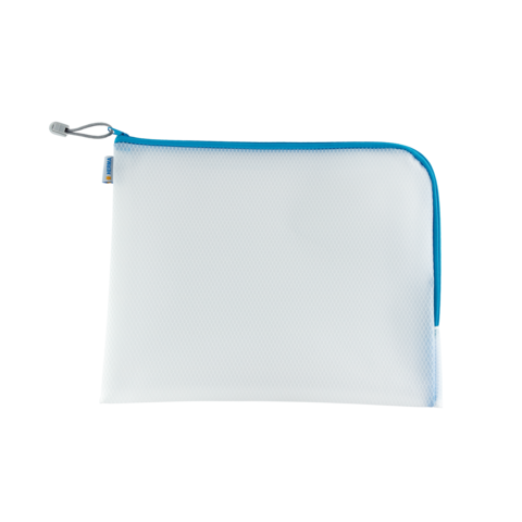 Weiße Tasche mit blauer Reißverschlusskante, geeignet für die Aufbewahrung von Dokumenten oder elektronischen Geräten.